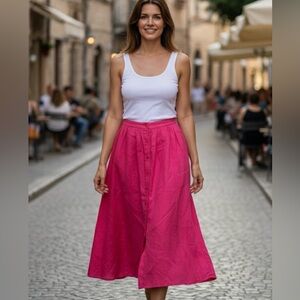 Reformation Orzo 100% Linen Midi Skirt Fuchsia Pink